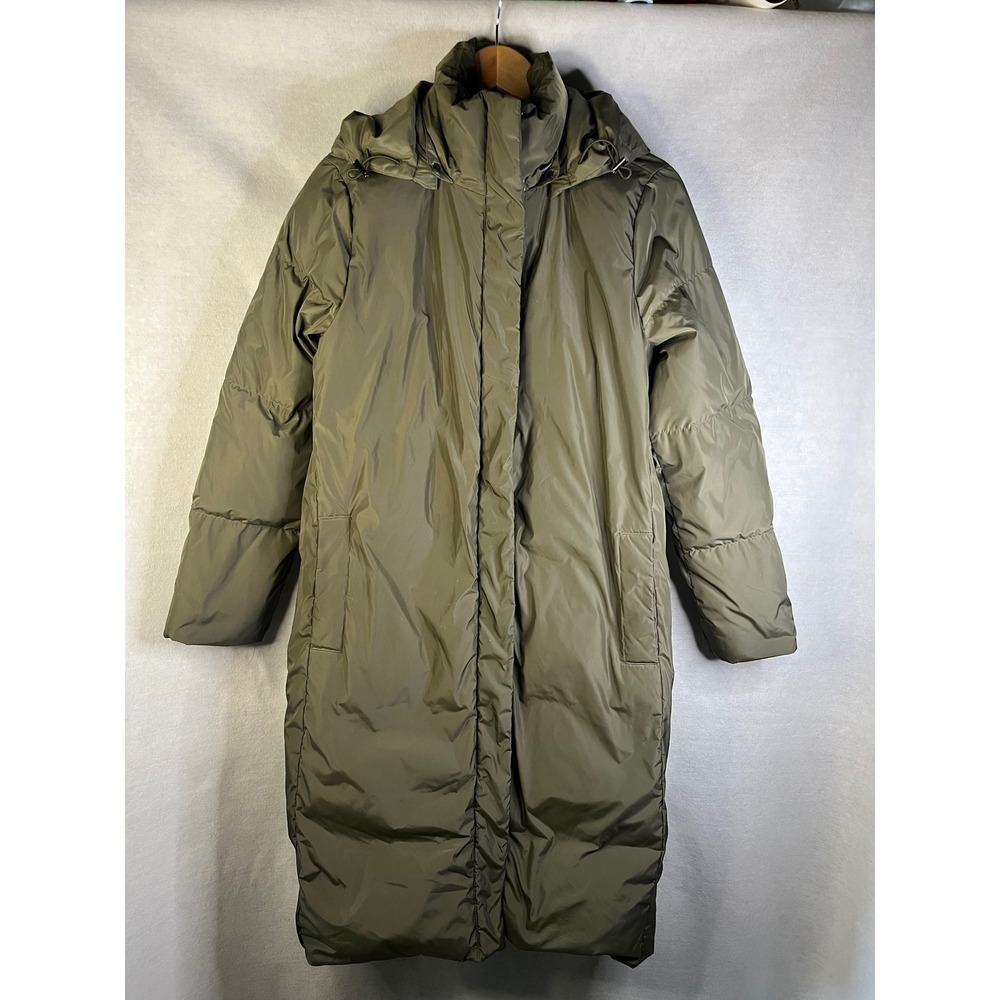 Jenni Kanye Long Puffer Coat Olive Green Hooded Down Parka Size XS